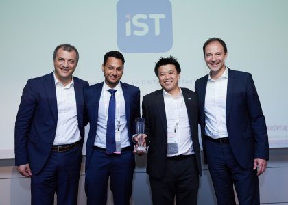 IST receiving Genesys award (from L-R: Giorgio Villa, Senior Account Executive, Channels at Genesys, Sherif Fahmy, Marketing Manager at IST, Norman Liu, Marketing Director at IST and Friedbert Schub, Senior Vice President, Sales at Genesys)